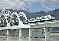 Qinghai-Tibet train running across Liuwu Bridge